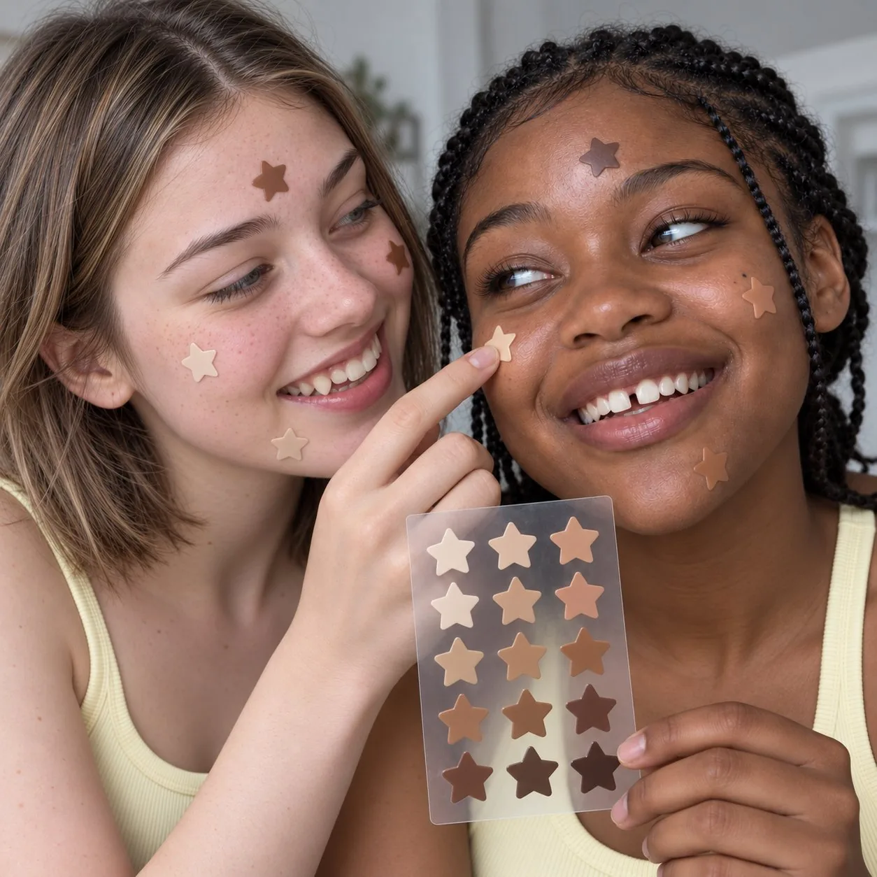 Two girls applying star-shaped skin-tone patches to their faces