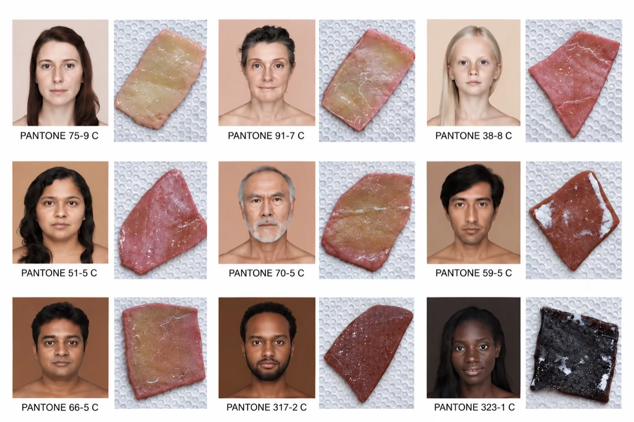 Pantone skin-tone portraits paired with matching dyed patch samples